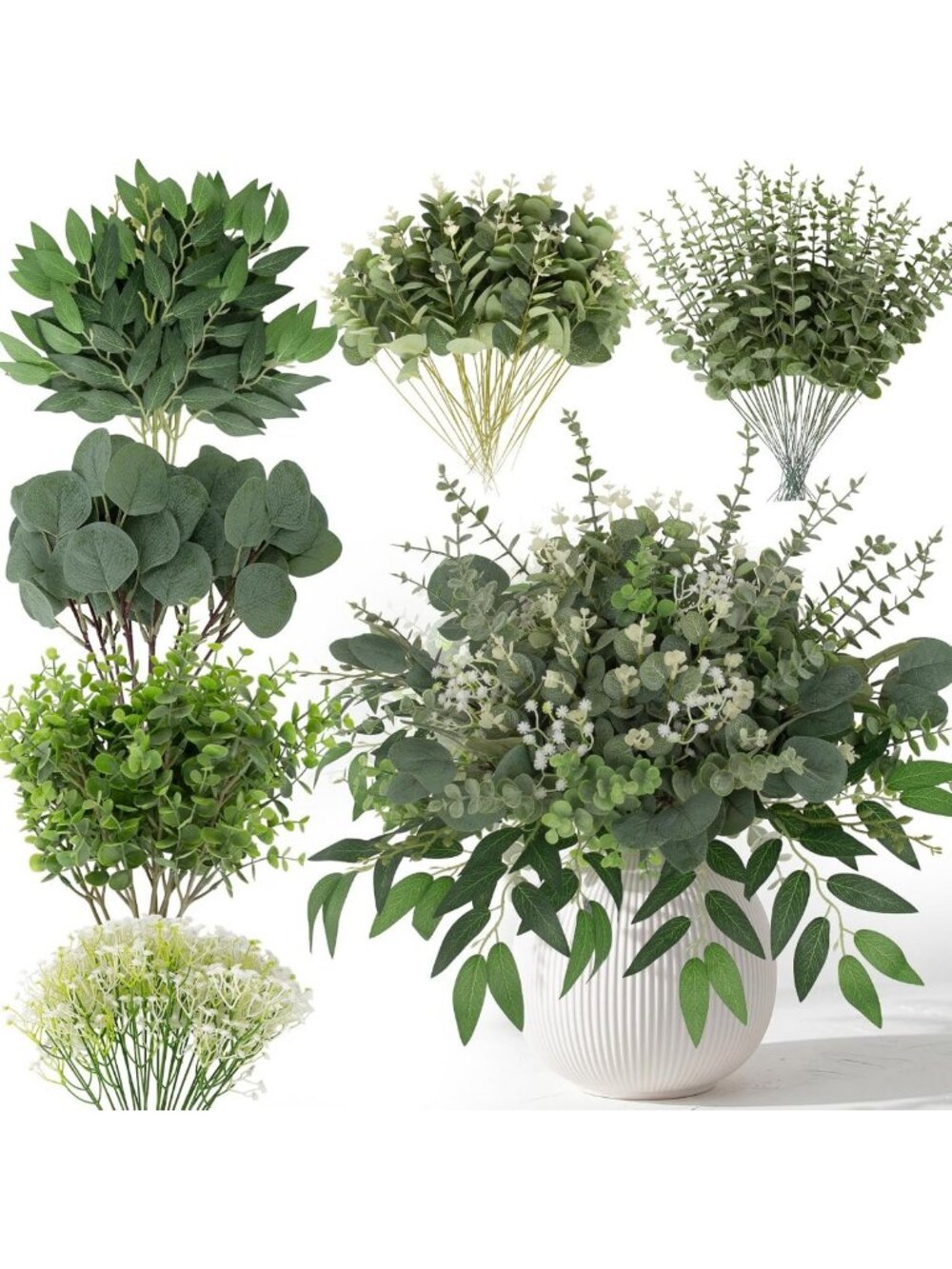 135 Pcs Mixed Eucalyptus Leaves Stems - Artificial Greenery for Home Decor